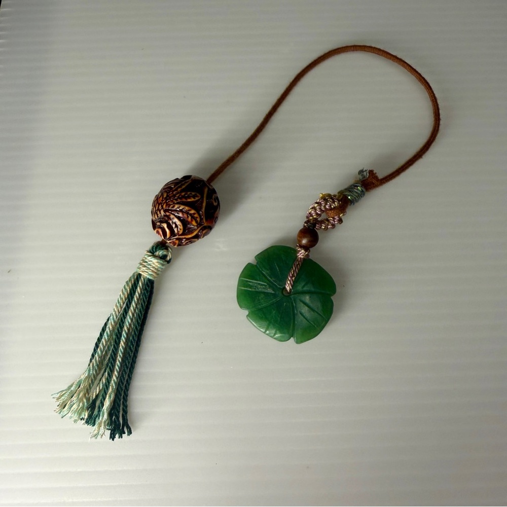 Natural Green jade flower phoenix carved walnut bead bag charm/bookmark handmade